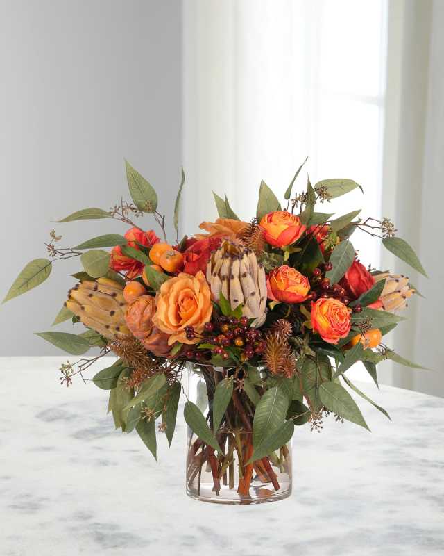 Roses & Proteas 22" Faux Floral Arrangement in a Glass Cylinder